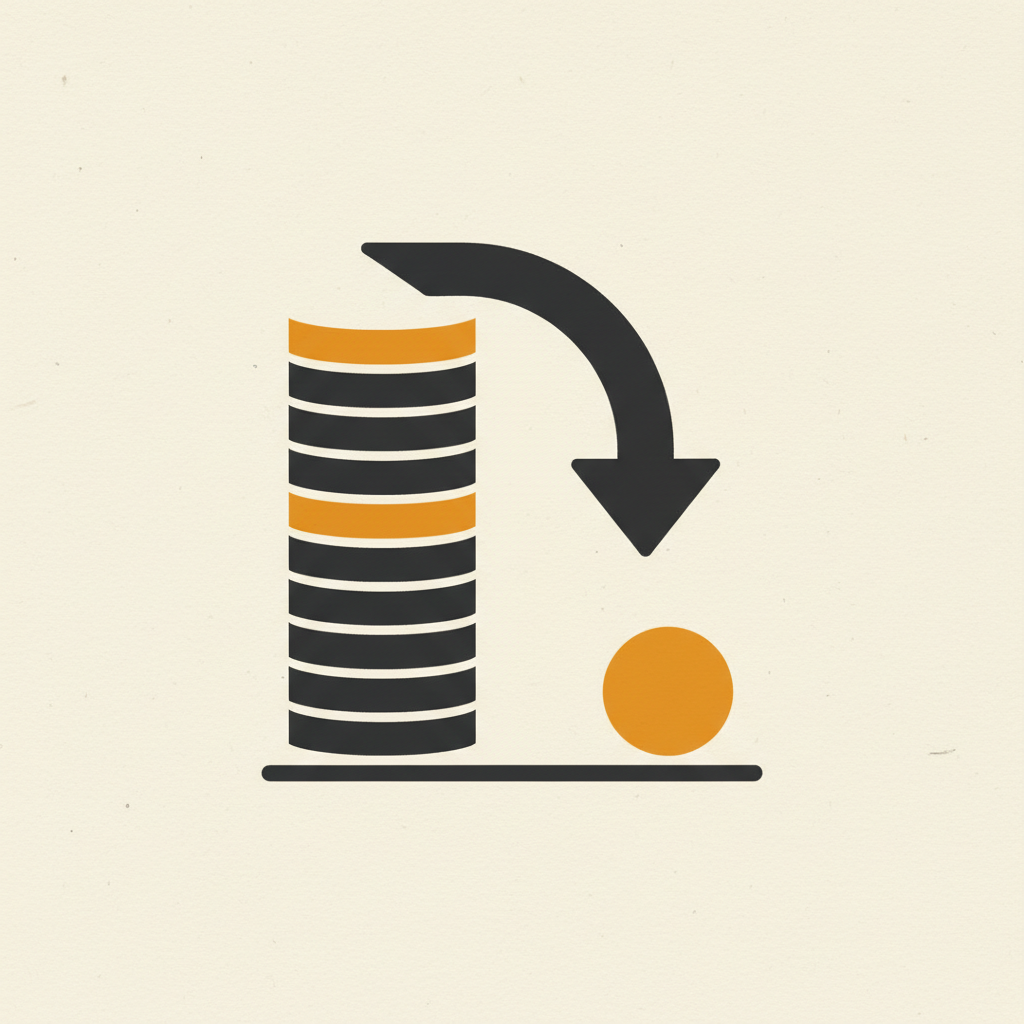 A single coin beside a tall stack, representing low cost and high return